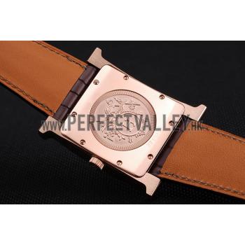 Hermes Heure H White Dial Gold Case Brown Leather Strap