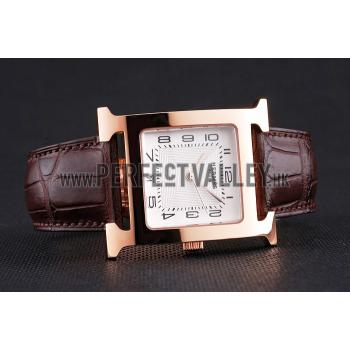 Hermes Heure H White Dial Gold Case Brown Leather Strap