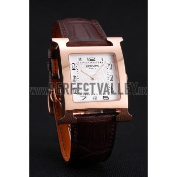 Hermes Heure H White Dial Gold Case Brown Leather Strap