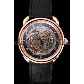 Replica Swiss Hermes Arceau Skeleton Black Dial Brown Hands Rose Gold Case Black Leather Strap