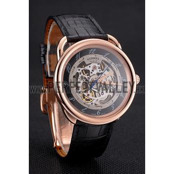 Replica Swiss Hermes Arceau Skeleton Black Dial Brown Hands Rose Gold Case Black Leather Strap