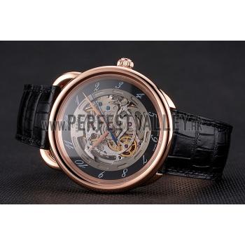 Replica Swiss Hermes Arceau Skeleton Black Dial Brown Hands Rose Gold Case Black Leather Strap