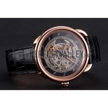 Replica Swiss Hermes Arceau Skeleton Black Dial Brown Hands Rose Gold Case Black Leather Strap