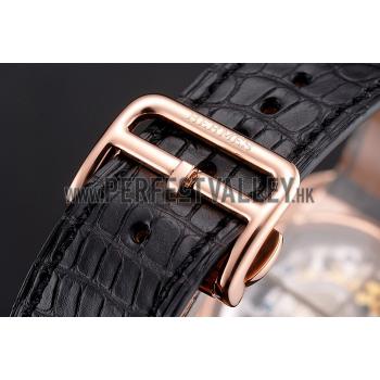 Replica Swiss Hermes Arceau Skeleton Black Dial Brown Hands Rose Gold Case Black Leather Strap