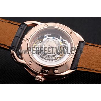 Replica Swiss Hermes Arceau Skeleton Black Dial Brown Hands Rose Gold Case Black Leather Strap