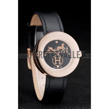 Hermes  MOP Dial Black Leather Strap Replica