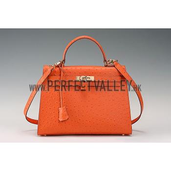 Replica Hermes Kelly 32 Orange Ostrich Leather 607480