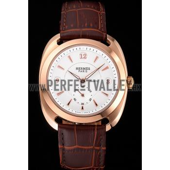 Hermes Dressage White Dial Rose Gold Case Brown Leather Strap