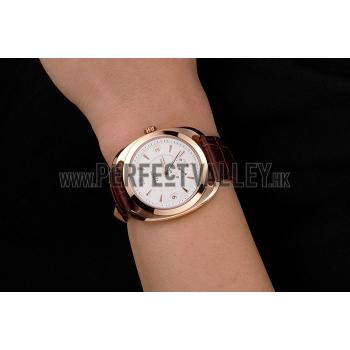 Hermes Dressage White Dial Rose Gold Case Brown Leather Strap