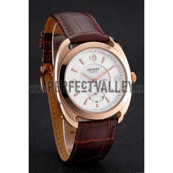 Hermes Dressage White Dial Rose Gold Case Brown Leather Strap