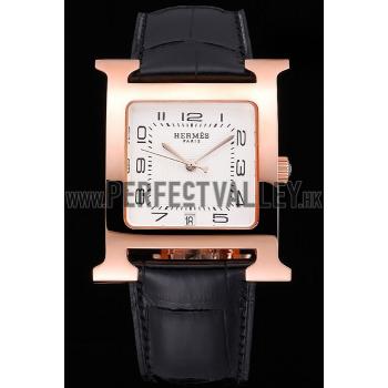 Hermes Heure H White Dial Gold Case Black Leather Strap Replica