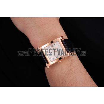 Hermes Heure H White Dial Gold Case Black Leather Strap Replica