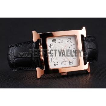 Hermes Heure H White Dial Gold Case Black Leather Strap Replica