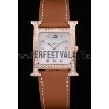 Hermes Heure H Rose Gold Diamond Encrusted Bezel Tan Leather Strap White Dial 80236