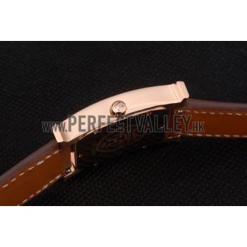 Hermes Heure H Rose Gold Diamond Encrusted Bezel Tan Leather Strap White Dial 80236