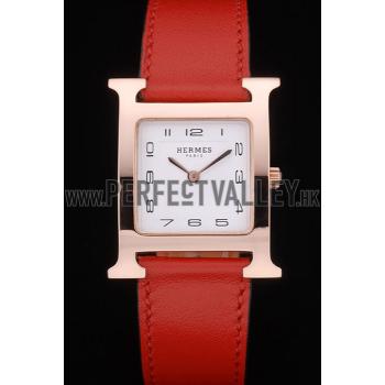 Hermes Heure H Rose Gold Bezel Red Leather Strap White Dial 80233