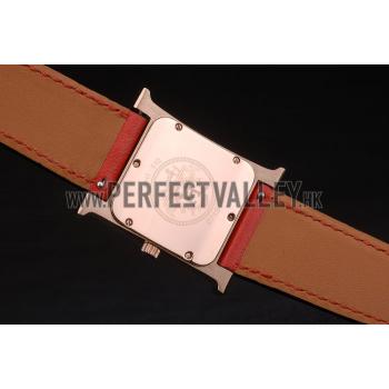 Hermes Heure H Rose Gold Bezel Red Leather Strap White Dial 80233