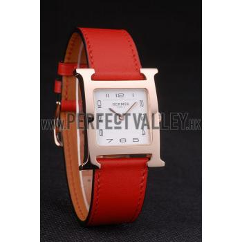 Hermes Heure H Rose Gold Bezel Red Leather Strap White Dial 80233