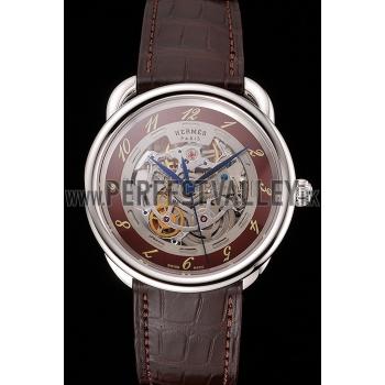 Swiss Hermes Arceau Skeleton Brown Dial Blue Hands Stainless Steel Case Brown Leather Strap Replica