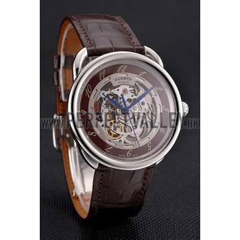 Swiss Hermes Arceau Skeleton Brown Dial Blue Hands Stainless Steel Case Brown Leather Strap Replica