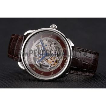 Swiss Hermes Arceau Skeleton Brown Dial Blue Hands Stainless Steel Case Brown Leather Strap Replica