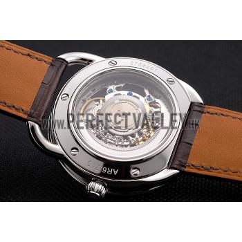 Swiss Hermes Arceau Skeleton Brown Dial Blue Hands Stainless Steel Case Brown Leather Strap Replica