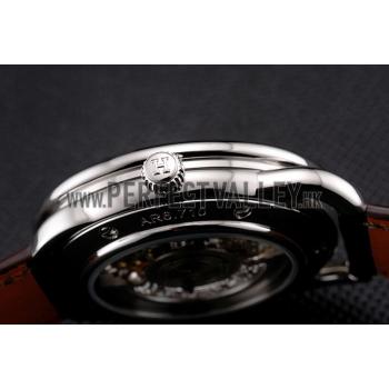 Swiss Hermes Arceau Skeleton Brown Dial Blue Hands Stainless Steel Case Brown Leather Strap Replica