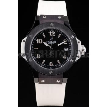 Hublot Big Bang Black Bezel Black Dial White Rubber Strap