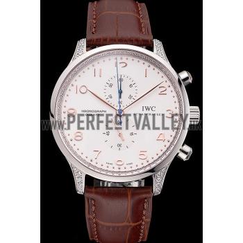 IWC Portugieser Chronograph White Dial Rose Gold Hands And Numerals Steel Case With Diamonds Brown Leather Strap