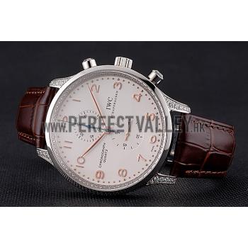 IWC Portugieser Chronograph White Dial Rose Gold Hands And Numerals Steel Case With Diamonds Brown Leather Strap