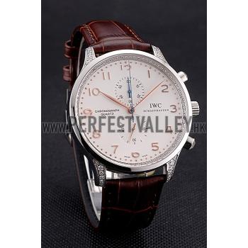 IWC Portugieser Chronograph White Dial Rose Gold Hands And Numerals Steel Case With Diamonds Brown Leather Strap