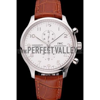 IWC Portugieser Chronograph White Dial Steel Hands And Numerals Stainless Steel Case Brown Leather Strap Replica