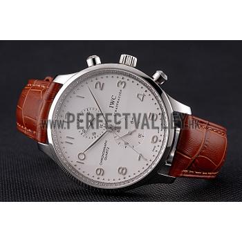 IWC Portugieser Chronograph White Dial Steel Hands And Numerals Stainless Steel Case Brown Leather Strap Replica