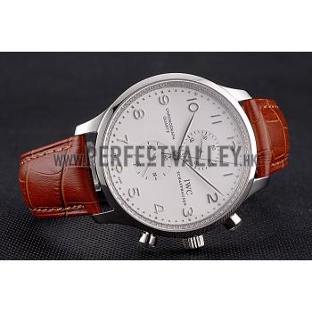 IWC Portugieser Chronograph White Dial Steel Hands And Numerals Stainless Steel Case Brown Leather Strap Replica