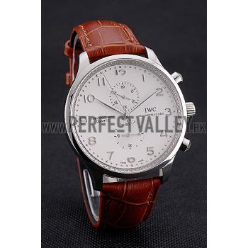 IWC Portugieser Chronograph White Dial Steel Hands And Numerals Stainless Steel Case Brown Leather Strap Replica