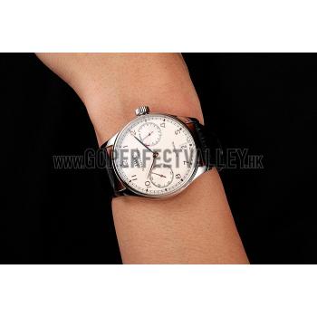 Replica Swiss IWC Portuguese White Dial Rose Gold Numerals Silver Case Black Leather Bracelet 1453910