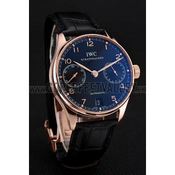 Replica Swiss IWC Portuguese Black Dial Gold Case Black Leather Bracelet 1453918