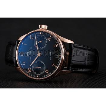 Replica Swiss IWC Portuguese Black Dial Gold Case Black Leather Bracelet 1453918