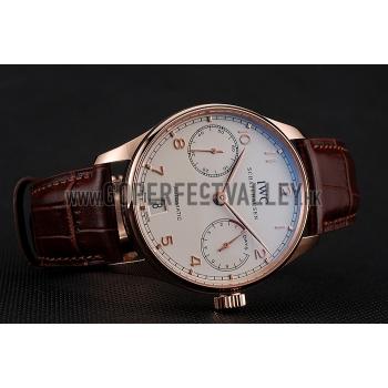 Swiss IWC Portuguese White Dial Gold Numerals Gold Case Brown Leather Bracelet 1453916