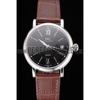 IWC Portofino Black Dial Stainless Steel Case Brown Leather Strap