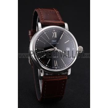 IWC Portofino Black Dial Stainless Steel Case Brown Leather Strap