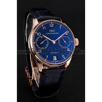 Swiss IWC Portuguese Blue Dial Gold Case Blue Leather Bracelet 1453919 Replica