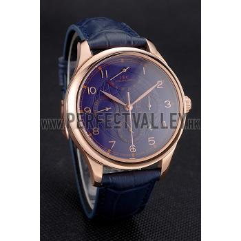 Replica Swiss IWC Portugieser Power Reserve Blue Dial Rose Gold Case Blue Leather Strap