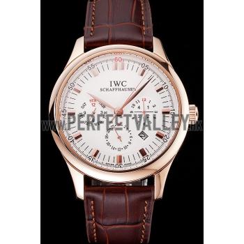 Swiss IWC Portugieser Perpetual Calendar White Dial Rose Gold Case Brown Leather Strap