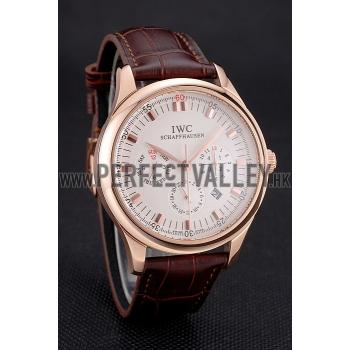 Swiss IWC Portugieser Perpetual Calendar White Dial Rose Gold Case Brown Leather Strap