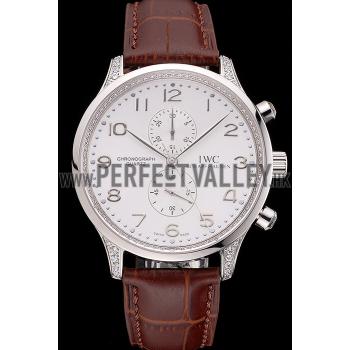 Replica IWC Portugieser Chronograph White Dial Steel Hands And Numerals Steel Case With Diamonds Brown Leather Strap