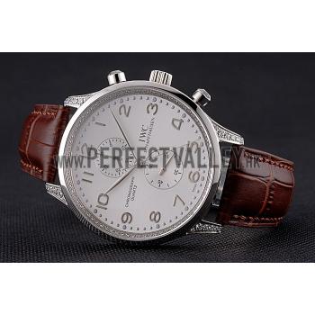 Replica IWC Portugieser Chronograph White Dial Steel Hands And Numerals Steel Case With Diamonds Brown Leather Strap