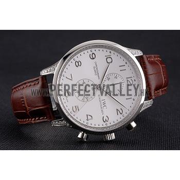 Replica IWC Portugieser Chronograph White Dial Steel Hands And Numerals Steel Case With Diamonds Brown Leather Strap