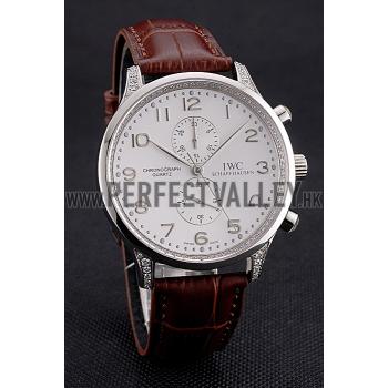 Replica IWC Portugieser Chronograph White Dial Steel Hands And Numerals Steel Case With Diamonds Brown Leather Strap