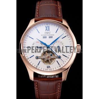 IWC Portofino Tourbillon White Dial Blue Markings Rose Gold Case Brown Leather Strap